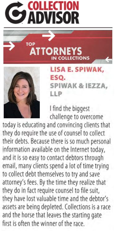 Lisa Spiwak's listing in the Top Attorneys in Collections article