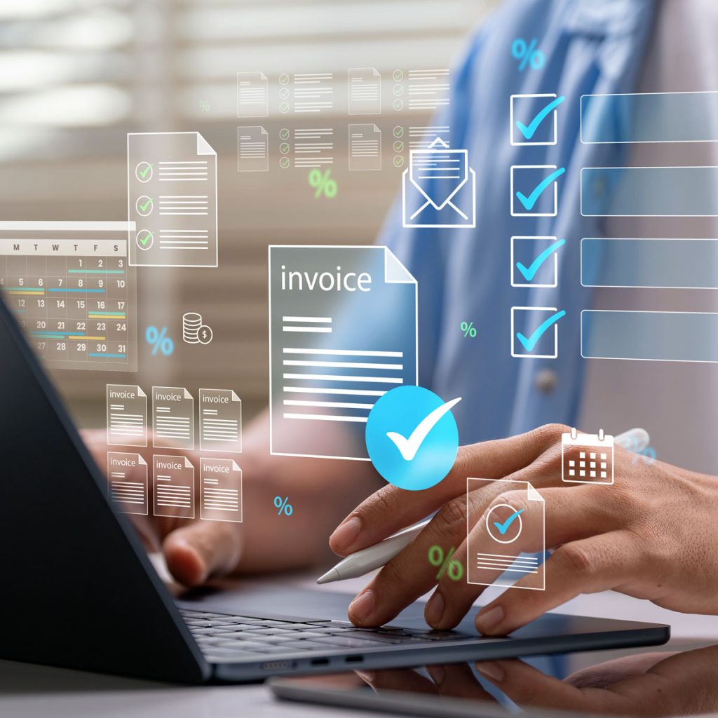 invoicing clients on a laptop for technology