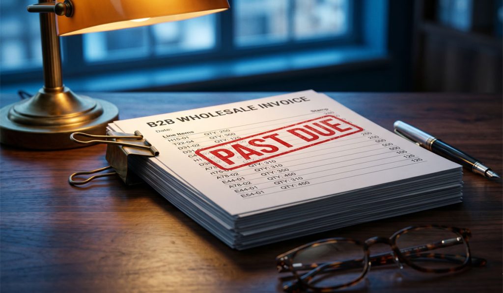 B2B Wholesale Invoices Past Due Stack of Paper on a Desk under a lamp with a pen and glasses