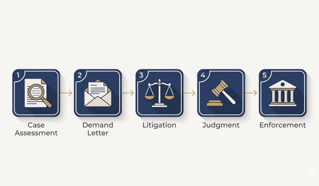 Commercial Collections Legal Process, Case Assessment, Demand Letter, Litigation, Judgement, Enforcement