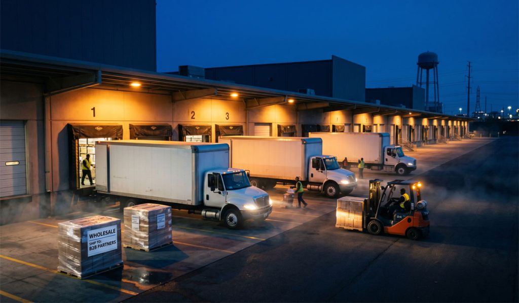 Wholesale Warehouse Inventory Loading Docks at Night